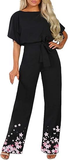 Happy Sailed Women Casual Loose Short Sleeve Belted Wide Leg Pant Romper Jumpsuits