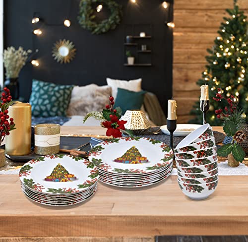 24 Christmas Melamine Dinnerware Set Holiday Plates Dishes Sets 8 11" Dinner Plates 8 9" Plates And 8 5.5" Soup Bowl #TOP2