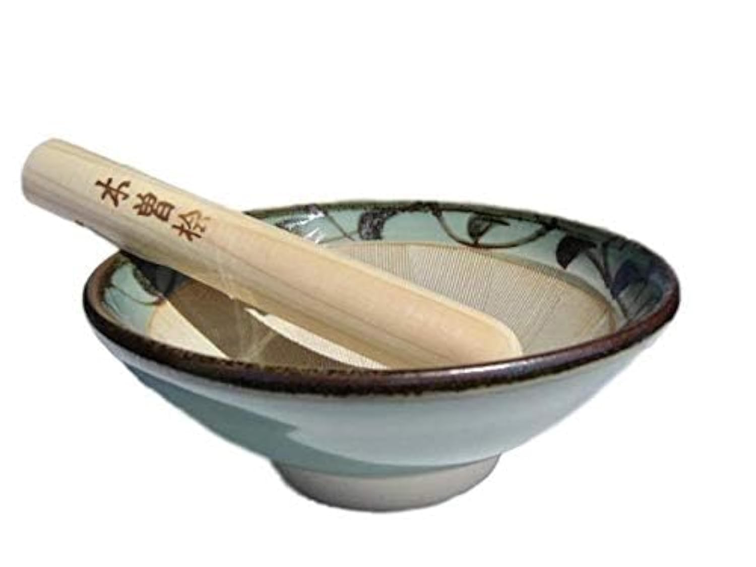 Made in Japan Mortar and Pestle Suribachi and Surikogi Set Medium 7.28 Inches Pale Blue Green with Arabesque Pattern Authentic Mino Ware Pottery M872-39