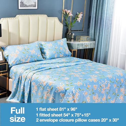 Image of JSD Blue Floral Printed Full Sheet Set Extra Deep Pocket | 4 Piece Soft Botanical Microfiber Sheets, OEKO-TEX Certified, Easy Care