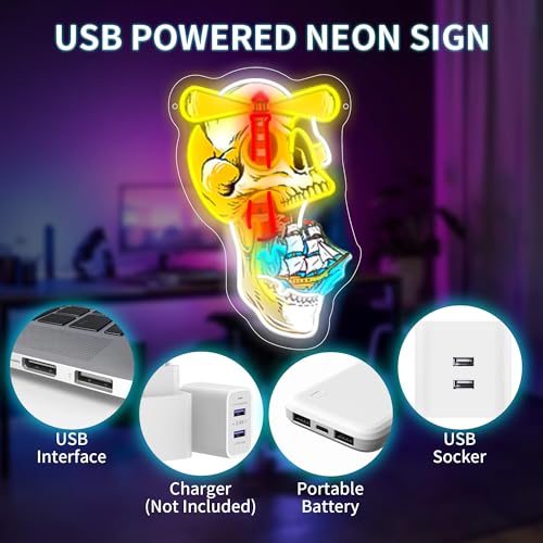 Image of Ghost Ship's Beacon Skull LED Neon Sign USB Powered for Wall Decor, Lighthouse Bones Neon Night Light Sign Dimmable for Room Party Decor Halloween Birthday Gifts