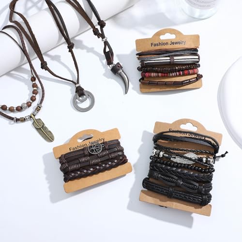 NEWITIN 17 Pieces Braided Leather Jewelry Set for Men Woven Faux Leather Layered Necklaces Cuff Wrap Bracelets Retro Bohemian Jewelry Set for Men Women3