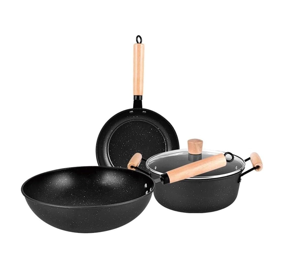 Zestaw Garnków Kuchenne 3 Szt. Zestaw Naczyń Patelnia Wok Rondel Z Pokrywką Garnki Patelni Kamień Mafanowy Nonstick Do Jajek Narzędzia Kuchenne Nieprzywierające