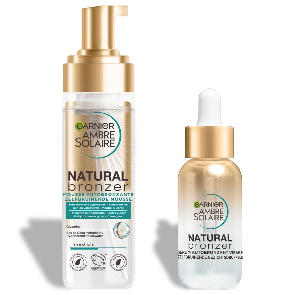 GARNIER Ambre Solaire - Coffret Mousse & Sérum Autobronzants & Hydratants - Teint Naturel & Radieux - Eau De Coco, Glycérine, Acide Hyaluronique - Vegan & Cruelty Free - Visage & Corps