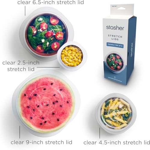 Image of Stasher Premium Reusable Silicon Stretch Lids Variety 4-Pack, Clear, 9 inch, 6.5 inch, 4.5 inch, 2.5 inch | Airtight Seal | Food Container Covers | BPA Free, Leak-free, Dishwasher Safe, Microwave Safe, Eco-Friendly