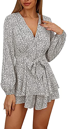 PRETTYGARDEN Short Dress for Women - Wrap V Neck Long Sleeve Ruffle Fall Mini Romper Dress (White,X-Large)