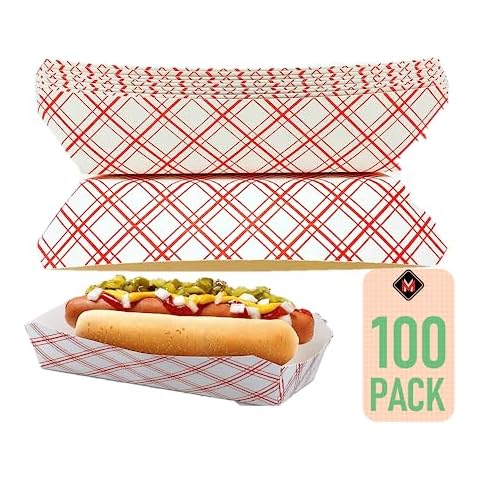 Mr Miracle 7 Inch Paper Hot Dog Tray in Red White Pattern. Pack of 100. Disposable, Recyclable and Fully Biodegradable. Made in USA Cover