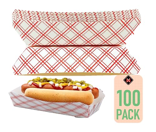 Mr Miracle 7 Inch Paper Hot Dog Tray in Red White Pattern. Pack of 100. Disposable Recyclable and Fully Biodegradable. Made in USA