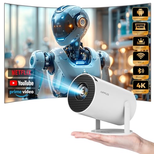 【Android 11.0】 HIPPUS Mini Videoprojecteur 4K, Retroprojecteur Portable WiFi 5G/2.4G Bluetooth, Projecteur Video avec Retournement à 180°, Auto Keystone Vidéoprojecteur Home Cinéma, Blanc