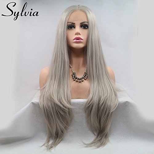 Sylvia Silver Grey Wig Long Natural Straight Ash Blonde Lace Front Wigs Natural Hairline Heat Resistant Hair For Women Hand Tied Replacment Full Wig 24" - Image 2