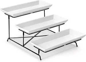 Yedio 3 Tier Serving Tray Set 14 Inch Porcelain Tiered Serving Trays Platters, Collapsible Sturdier Stand with Stable Cross Bars, Three Layer Serving for Party Entertaining Food Display Fruit Dessert