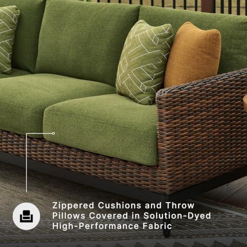 Signature Design by Ashley Horizon Hall Casual Outdoor Sofa with Cushions, Rust-Resistant Aluminum Frame, Handwoven Resin Wicker 3-Seat Patio Couch for Deck or Sunroom, Green & Dark Brown, 88" W - image 3