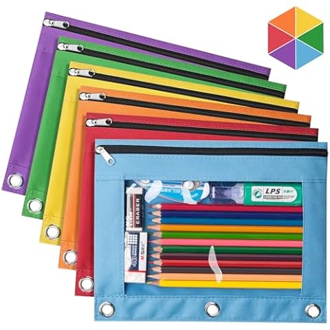 Forvencer 6Pack Pencil Pouches for 3 Ring Binder, Smooth Zipper 3 Ring Binder Pencil Pouch, Multi-Color Pencil Case for Binder, Clear Top Binder Pencil Pouch, Pencil Bag with 3 Re-enforced Grommets Cover