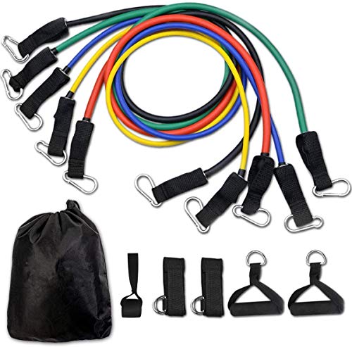 Enjoyee 11 pcs Bandas Elásticas Fitness Bandas de Resistencia Set, 5 Tubos de Ejercicios, con Asas, Correas de Tobillo, Anclaje y Bolso, para Culturismo, Yoga, Pilates
