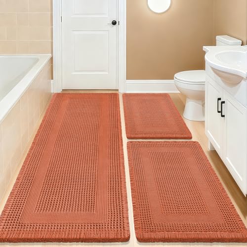 Upgrade Waffle Bath Mat Set 3 Piece, Boho Bathroom Rugs Absorbent Non Slip, Soft Bathroom Mats, Machine Washable Knit Bath Rugs with Tassels for Bathroom, Bedroom, Kitchen, Shower, Tub, Burnt Orange by IM HOME - Used condition - US$53.65