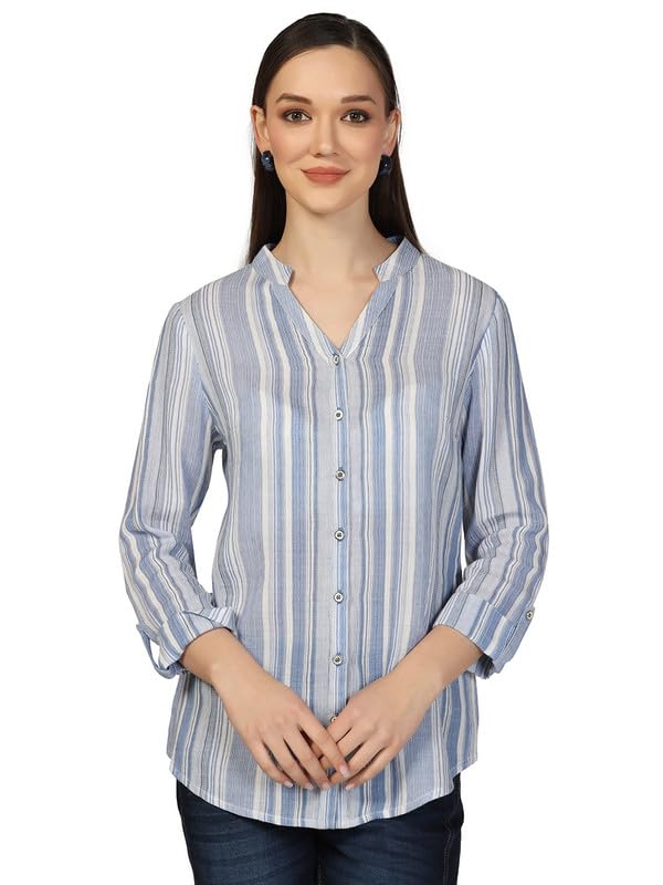 Multicolour Striped Cotton Yarn Dyed Mandarin Shirt-image-17