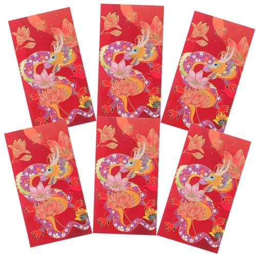 WEKAMOS 6個年龍年祝福入り赤いお年玉袋 複雑な龍柄和風紙製祝い用現収納ポケット 結婚式誕生日新年伝統的な幸運の封筒