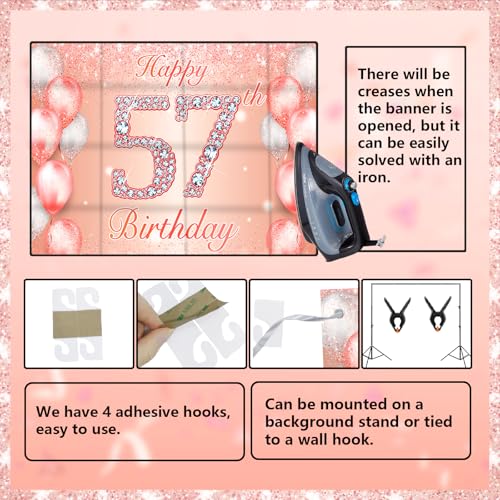 Image of Happy 57th Birthday Rose Gold Banner Cheers to 57 Years Old Backdrop Confetti Balloons Theme Decor for Women 57 Years Old Pink Birthday Party Decorations Bday Supplies Background Favors Gift Glitter