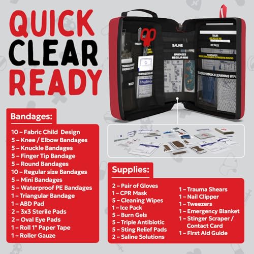 Portable First Aid Kit for Kids with CPR Shield - Ideal for Home, Car, School, Camping, and as a Travel First aid kit. Latex-Free Bandages – Children First Aid Guide by The Life Safety Pro