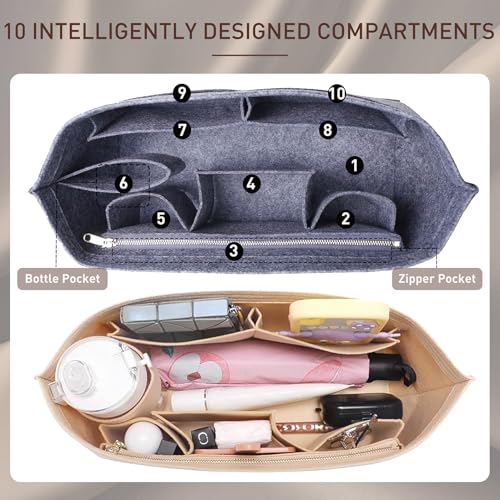 Image of Doxo Purse Organizer Insert for Handbags & Base Shaper 2pc Set, Felt Neverfull MM Organizer Insert, Tote Bag Organizer with Zipper Pocket and Bottle Holder, Fit Speedy 30 Neverfull MM and More,Gray-L