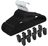 Finnhomy Heavy Duty 50 Pack Clothes Hangers with 10 Multiple Use Finger Clips, Durable Slim-Line Velvet Hangers Non-Slip Sturdy Clothing Hangers, Black
