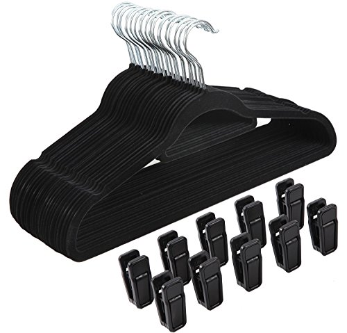 Finnhomy Heavy Duty 50 Pack Clothes Hangers with 10 Multiple Use Finger Clips, Durable Slim-Line Velvet Hangers Non-Slip Sturdy Clothing Hangers, Black