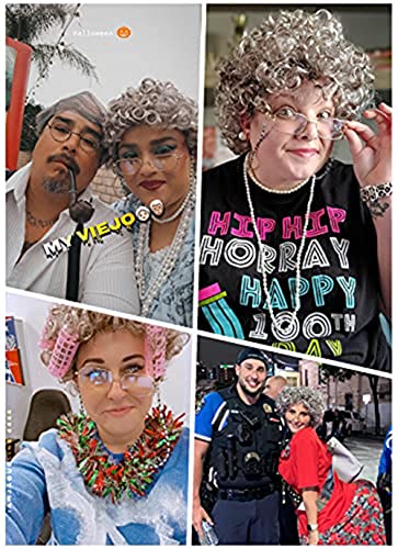 FAYBOX Old Lady Wig Costume for Women,100 Days of School Costume for Kids Girls,Grandma Granny Costume Wig for Halloween Cosplay2