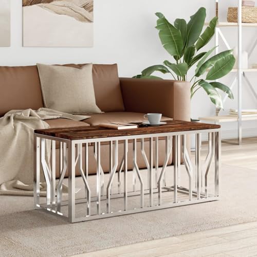 Rantry Mesa de Centro Acero Inoxidable y Madera Maciza reciclada, Auxiliar Consola Mesita Salón Lateral Té Café Sofá Sala de Estar Muebles Mobiliario Tipo 1 Mesas de Centro