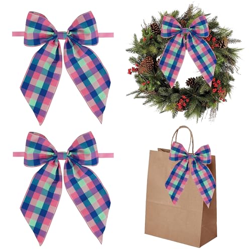 AIMUDI Christmas Bows for Gift Wrapping 6×9'' Pink and Purple Plaid Bows for Christmas Tree Wreath Bows with Wire Edge Premade Bows for Craft Present Fireplace Holiday Christmas Decorations, 10 PCs