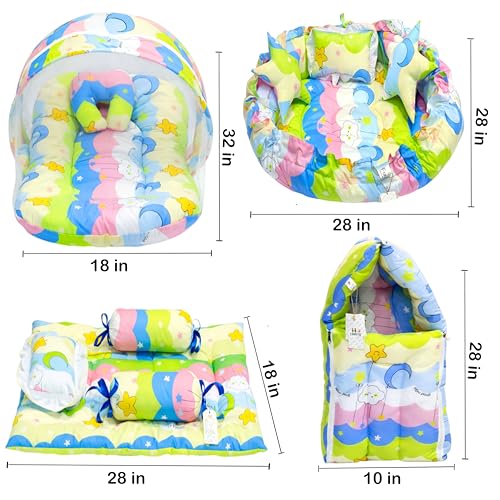 Image of Fareto Combo of Baby Nest | Net with Bed | Carry Bag | 4 Pcs Bedding Set(0-6 Months) (Fullset Nest) (New Star Blue)