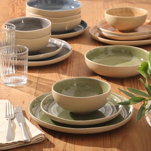 Image of Gibson Elite Manila Bay 16-Piece Stoneware Dinnerware Set, Service for 4, Reactive Glaze Modern Artisan Plates, Bowls & Mugs, Assorted Colors, Round Design