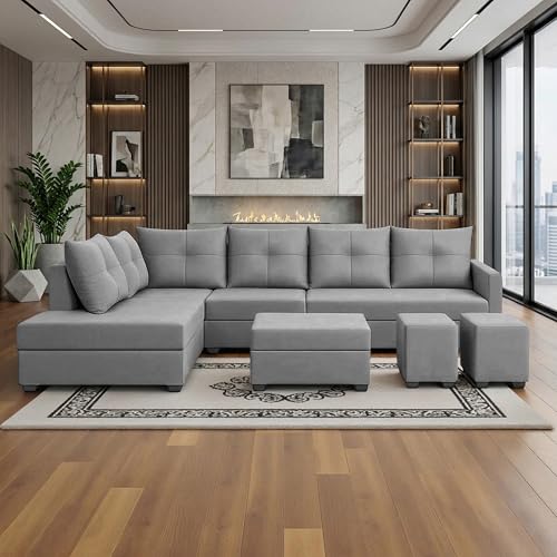 Image of Wood 8 Seater Sofa Set with Ottoman & Stools | Velvet Fabric Upholstery | Modern L Shape Wooden Frame Couch for Living Room, Home & Office (Grey)