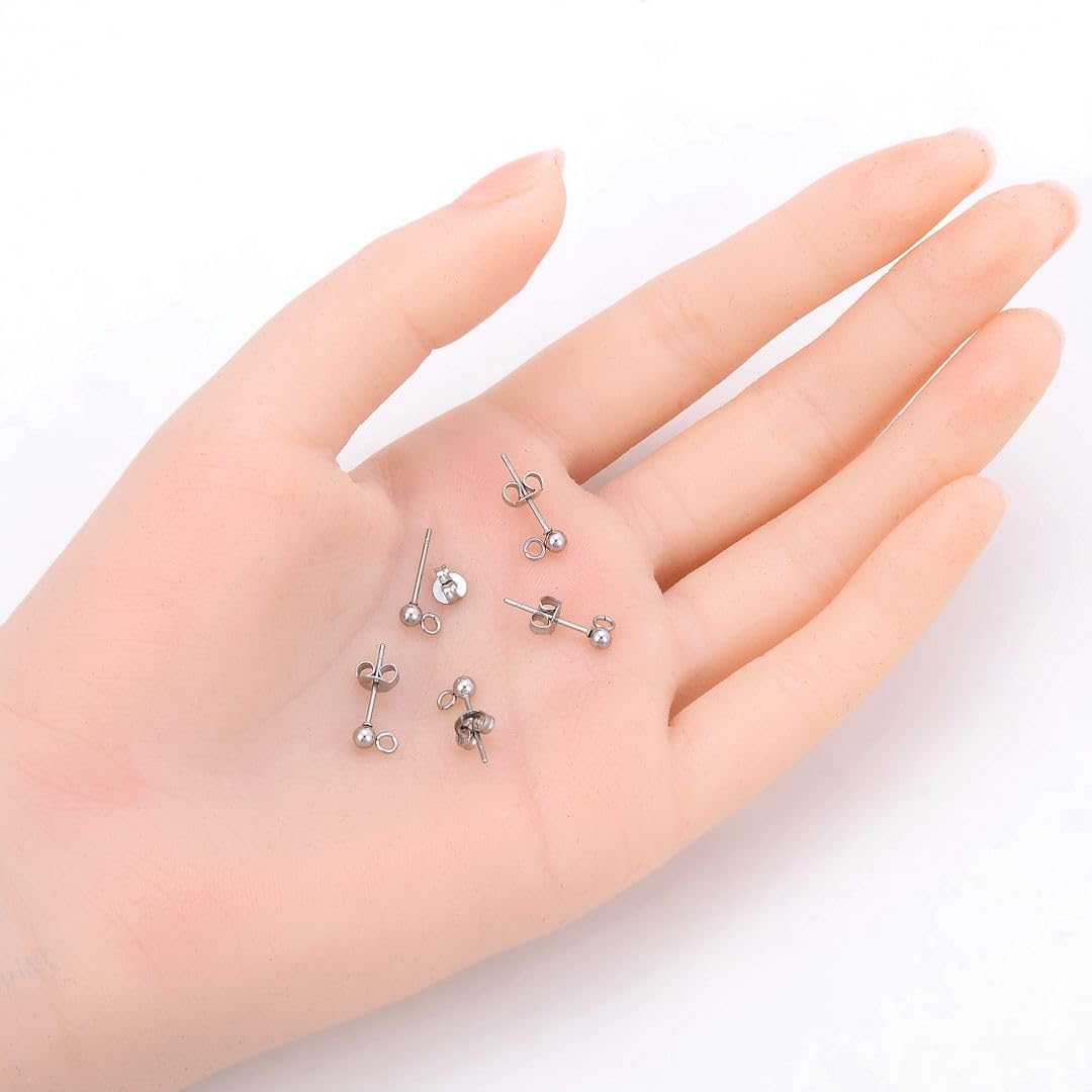 100pcs Adabele 316 Grade Surgical Stainless Steel Hypoallergenic Earring Posts 3mm Small Ball Post Open Ring 100pcs Earnut Backs DIY Earrings Jewelry Making SEF218-3
