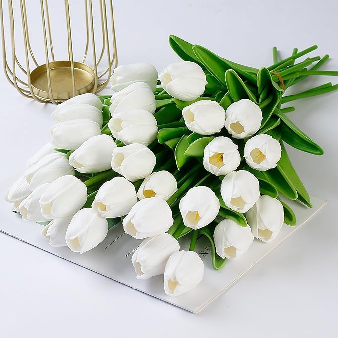 Image of Garden Art Artificial Tulip Flowers (Pack of 5) | Real Touch Silicone Single Stem Tulips for Home Decor, Living Room, Office, Vase & Wedding Decoration GAASTFB-1H-33W (White)
