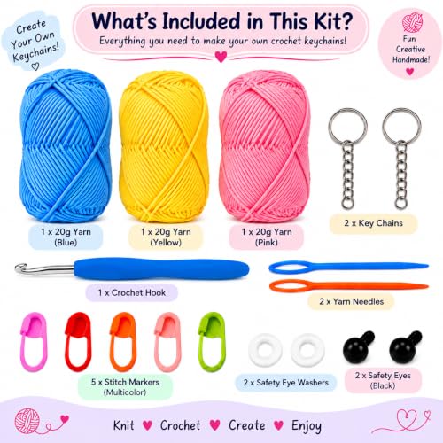 Image of Viharini Crochet Kit for Beginners with Yarn, Hooks, Stitch Markers, Knitting Needles, Eyes, Keychain, DIY Tools & Crochet Thread - Complete Crocheting Set for Adults and Kids (Blue Yellow Pink)