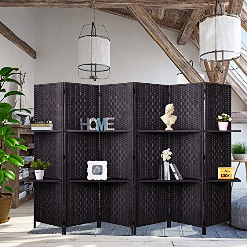6 ft Tall (Extra Wide) Room Divider Diamond Weave Fiber, Wall divider Decor, Folding privacy screens, Partition Wall, With 2 Display Shelves & room divider with shelves,-Dark Mocha-6 Panels 2 Shelves