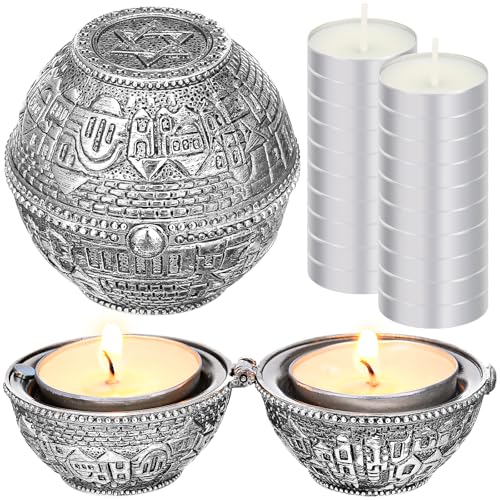 Skybooly Jewish Shabbat Metal Travel Candle Holders Silver Travel Size Jerusalem Candlesticks with 10 Pcs Mini Tealight Candles Small White Votive Tea Lights Candles Unscented Set for Home Shabbat
