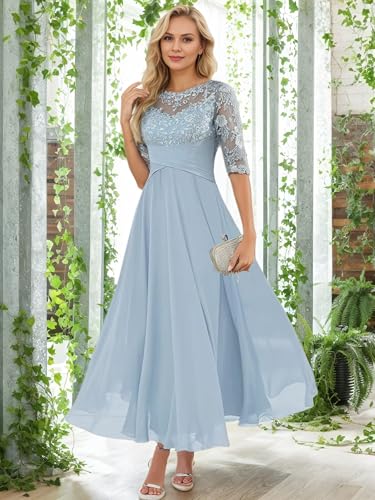 Tea Length Mother of The Bride Dresses for Women Lace Appliques Chiffon Formal Wedding Guest Dress with Sleeves AF0672