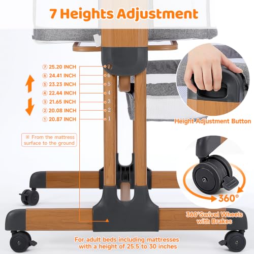 Image of Ezebaby 3-in-1 Baby Bassinet, Rocking Baby Bassinets Bedside Sleeper, Adjustable Portable Crib for Newborn Infant with Wheels Storage Basket and Mesh Sides