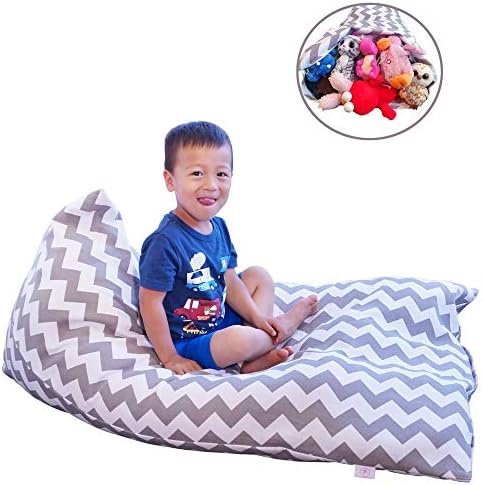 LeTime Stuffed Animal Bean Bag Chair | Extra-Large 55gal/208L | Stuffed Animal Storage, Bean Bag Chair, Storage Bean Bag, Grey Chevron Cotton Canvas, Converting 90+ Plush Toys into Lounger Chair