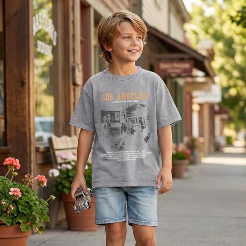 Image of Oversized Boys Graphic Tees Acid Wash Los Angeles Tshirt Youth Cotton T Shirt Crewneck Tee Kids Short Sleeve Tops