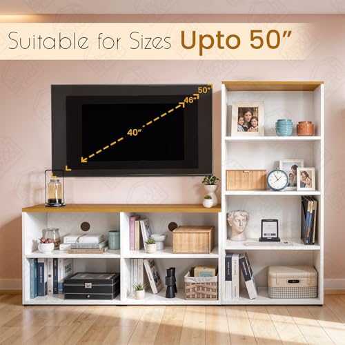 Image of ABOUT SPACE TV Unit - Engineered Wooden TV Stand 32 inch to 50 inch Table Cabinet with Bottom Storage, Side Rack, Cable Hole for WiFi Router Stand Console Table for Living Room, Bedroom (White & CM Oak)