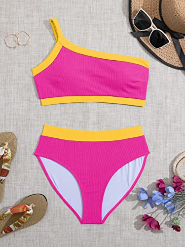 Womens Two Piece One Shoulder Swimsuits Ribbed Color Block Bikini Set High Waisted Bathing Suit Sports Tummy Control Swimwear #TOP5
