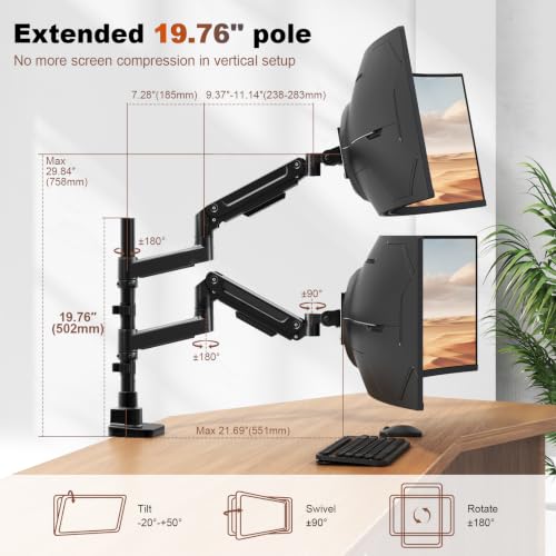 Image of Heavy Duty Dual Monitor Arm for 17-49 inch Screens, Vertical Stack, 44lbs