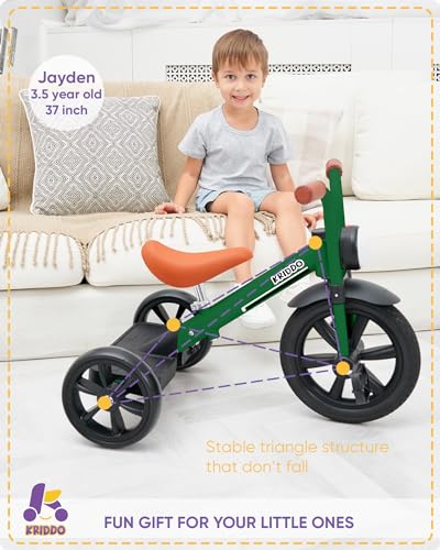 Image of KRIDDO Kids Tricycles Age 2 Years to 5 Years, 12 Inch Puncture Free Rubber Wheel w Front Light, Adjustable Seat Height, Gift Toddler Tricycles for 2-5 Year Olds, Trikes for Toddlers, Green
