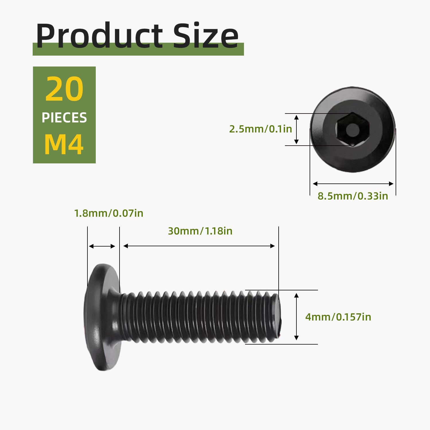 M4x30mm Hex Flat Head Socket,20Pcs M4 Bolts,Fully Thread 304 Stainless Steel Bolt,Furniture Screws Bolts,Black zinc plating,with Hex Key - Image 2