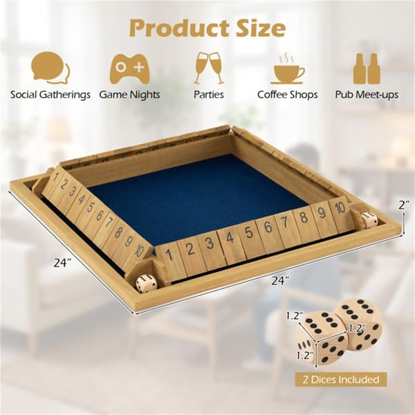 24" Large Shut the Box Game Wooden - Natural Pine Wood Dice Board Game for 2-4 Players, 10 Number Tiles 2 Dice, Family Party Math Game with Felt Lining, Educational Kids Adults Game Night