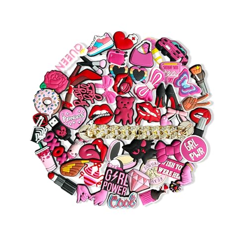 50 Pcs Pink Shoe Charms with Bling Chain,Exquisite Boxed Lovely Shoe Charms Decoration for Girls and Women,Cute Shoe Accessories