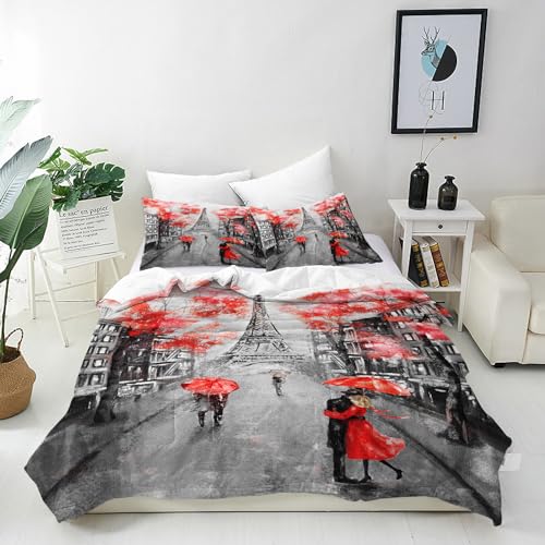 ANHOPE Ville Paris Tour Eiffel Housse de Couette 200x220 cm avec 2 Taies d'oreiller 80x80 cm Microfibre Parure de Lit avec Fermeture Éclair 3 Pièces Literie...