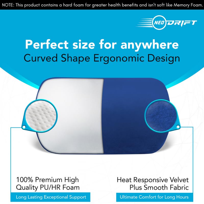 Image of Neodrift 'CurveNeck' - Neck Rest Cushion Orthopedic Velvet Memory Foam Pillow for Neck, Head, Shoulder Support - Pain Relief for Car, Set of 2 (Colour-Blue)
